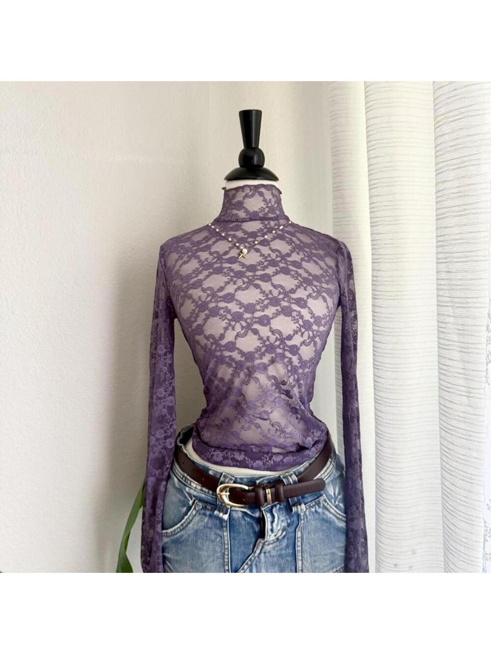 Y2K Urban Outfitters Sheer Lavender Lace Mock Neck Top